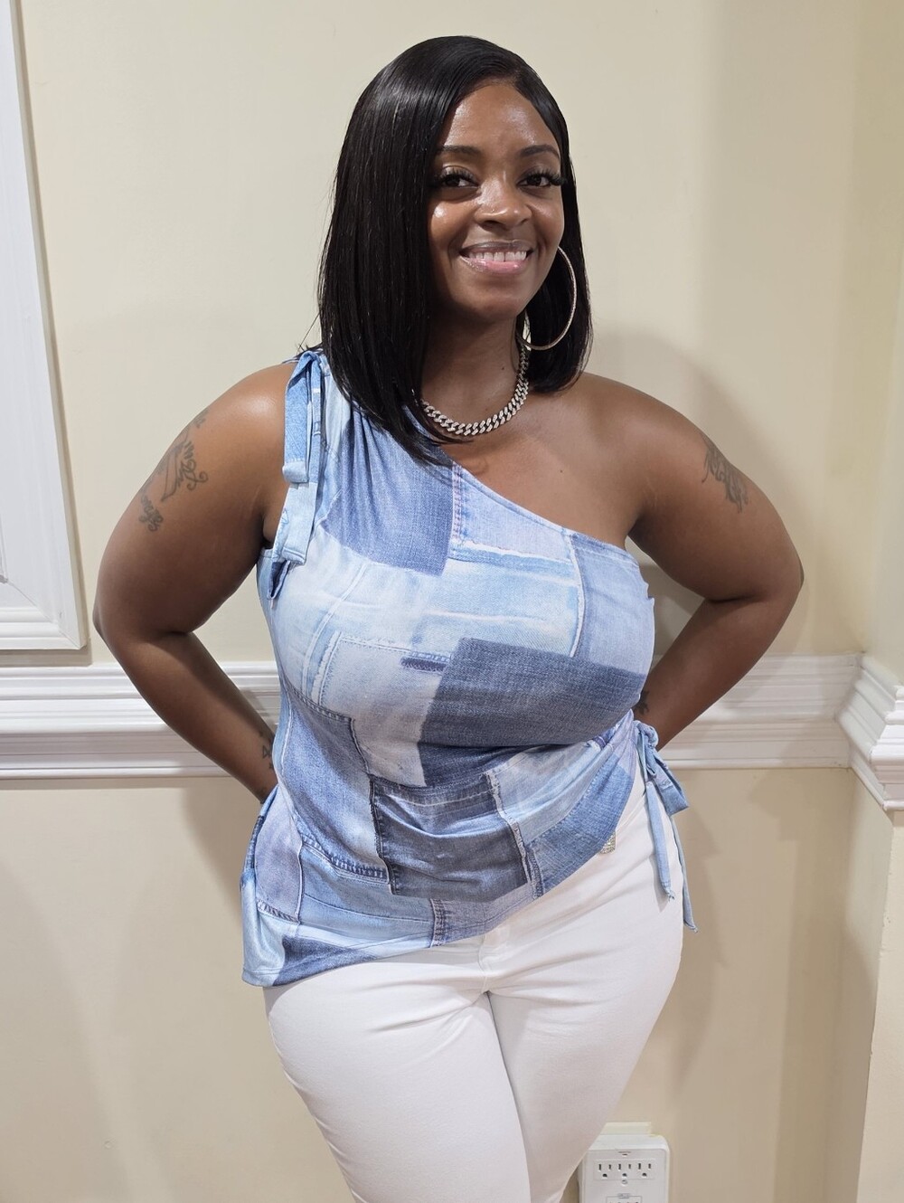 Fashion Nova One-Shoulder Patchwork Denim-Print Top in Light Blue